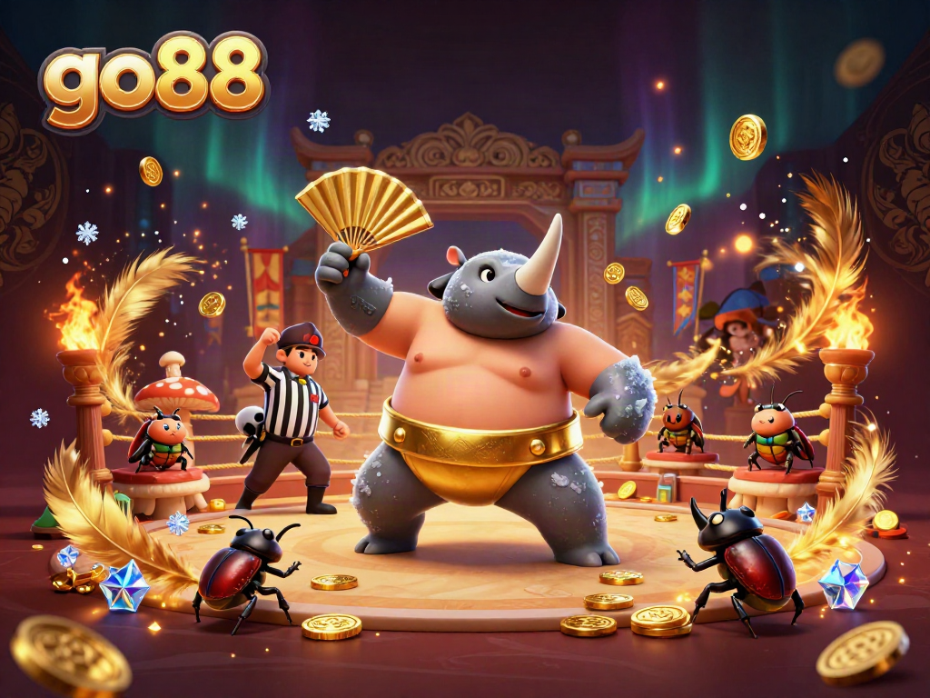 Go88 features a powerful sumo champion beetle amidst a vibrant casino scene.