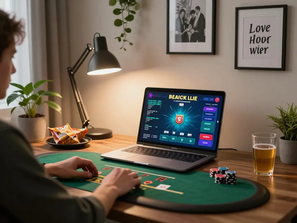 Play engaging game of blackjack online at home with fly88 on a stylish laptop.