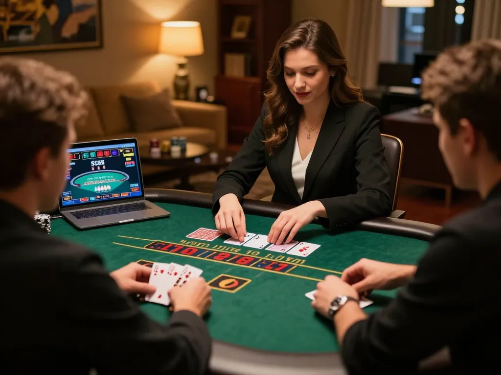 Players enjoying live dealer blackjack at SC88 in a cozy home setting with warm lighting