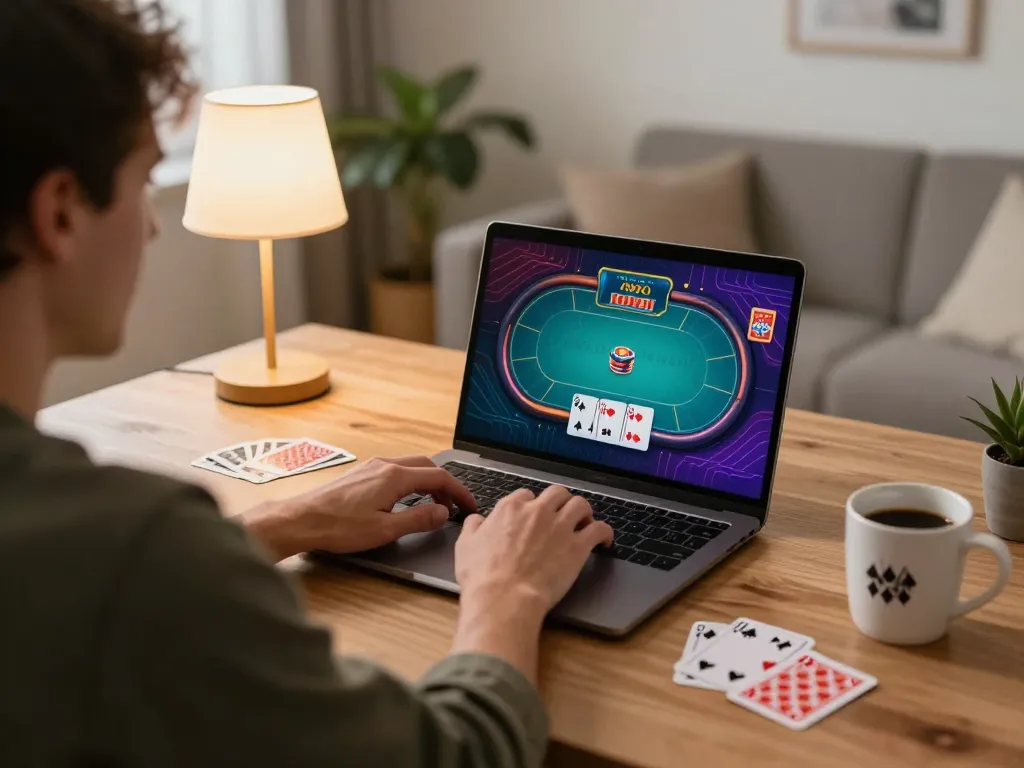 vin88 player engaged in an online poker session, showcasing strategy and interactive gameplay at home.