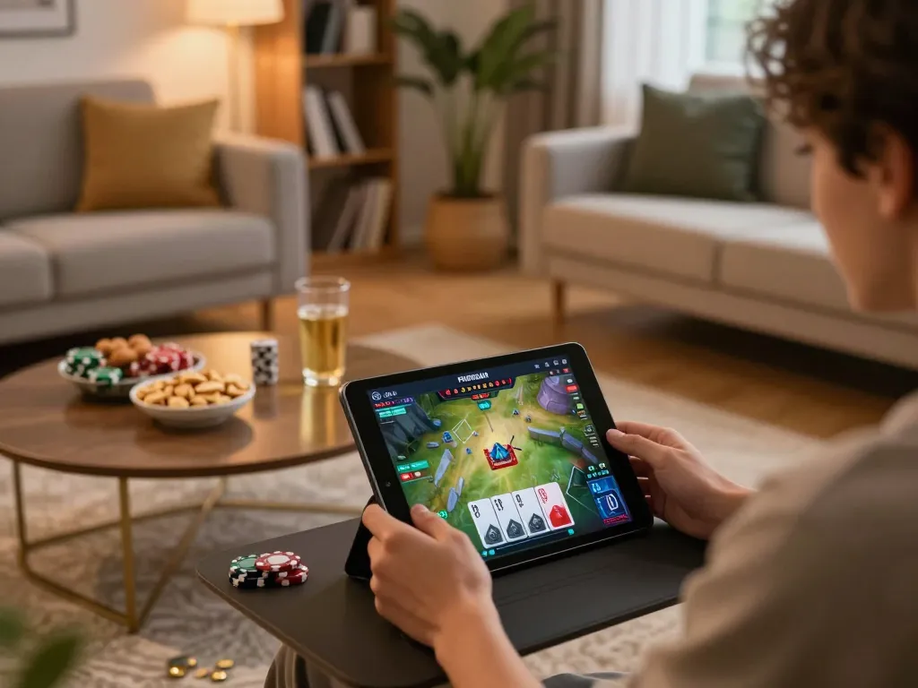 Engaged player enjoying the phdream link on their tablet in a cozy living room setting while strategizing bets.