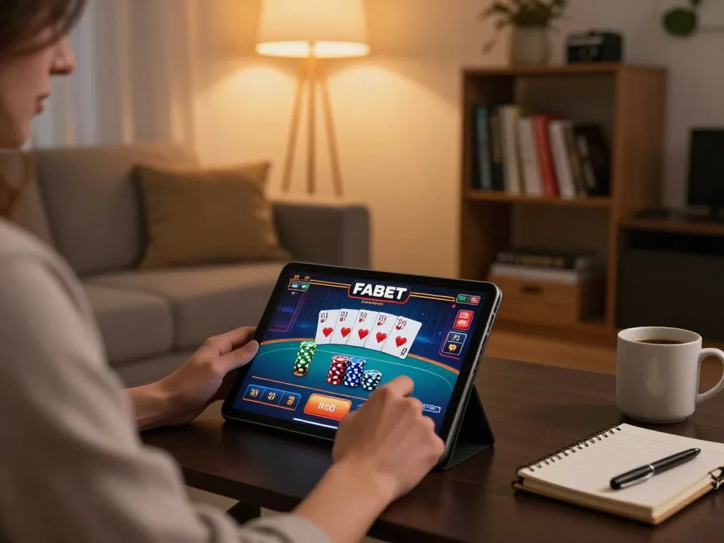 Engaging in FABET online casino gaming on a tablet with strategic looking notes