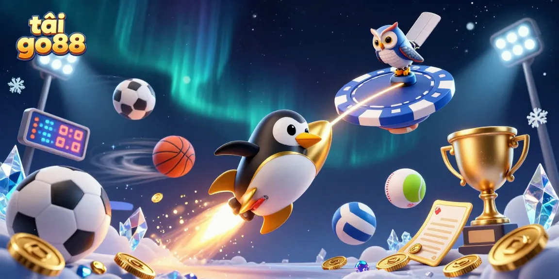 Experience winning thrills as you tải go88 with a vibrant 3D casino illustration of a penguin and sports elements.