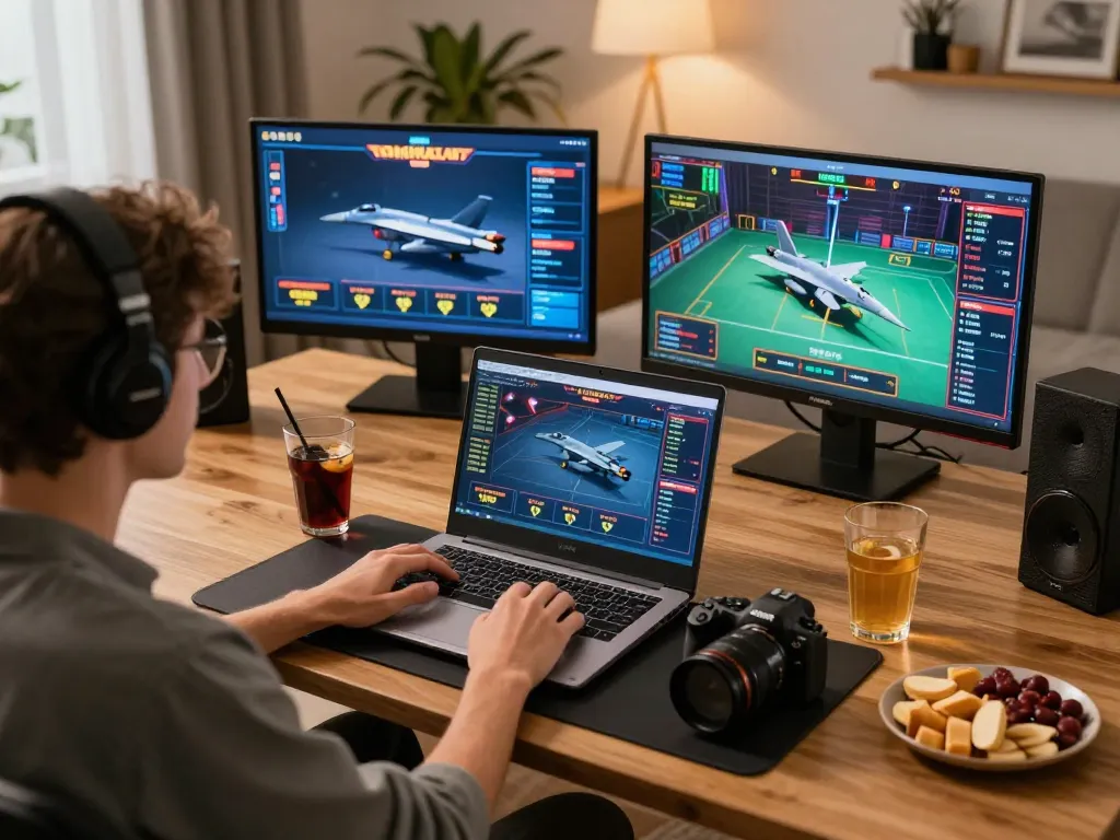 Person engaging in strategic online gaming with F168, laptop showing live dealer games in inviting home setting.