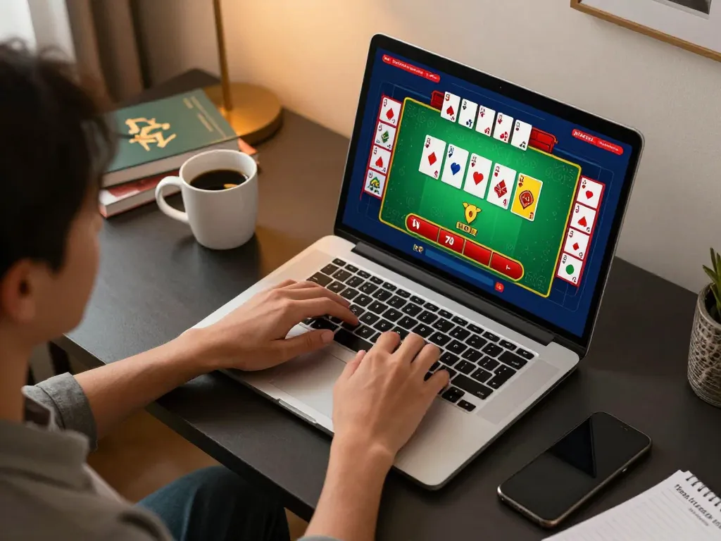 Engaging scene of online gambling on trang chủ 33win with a player using a laptop in a cozy home setting.