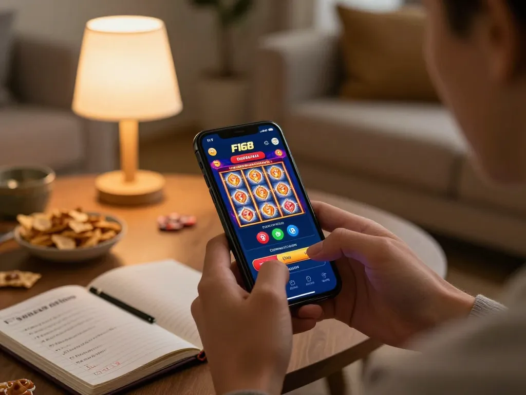 Gamer exploring F168 on smartphone, showcasing vibrant slot graphics and strategic notes in cozy setting.