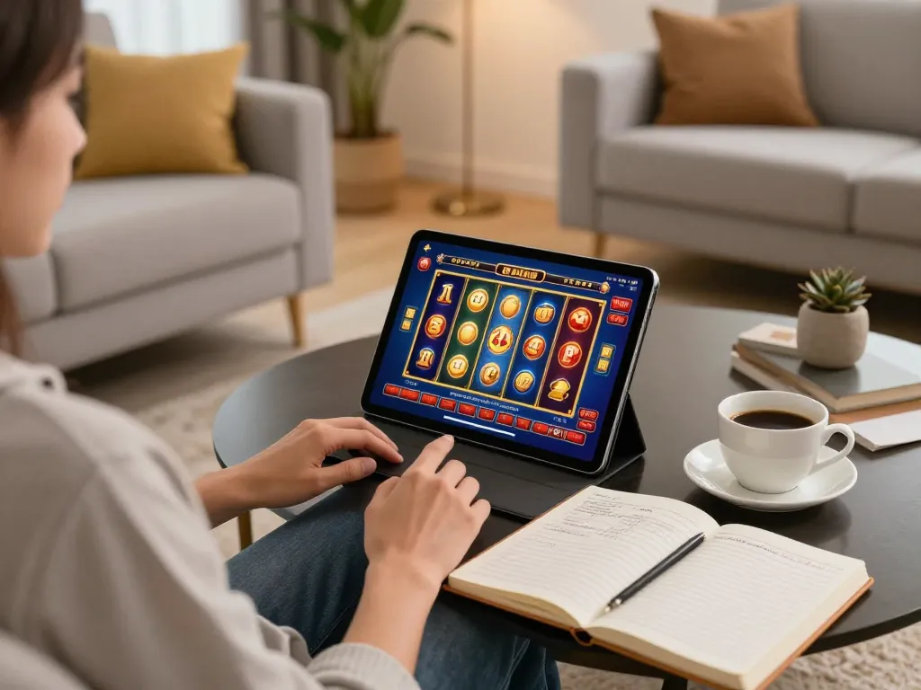 ONE88 user engaging in online casino gaming on a tablet at home, showcasing strategy notes.