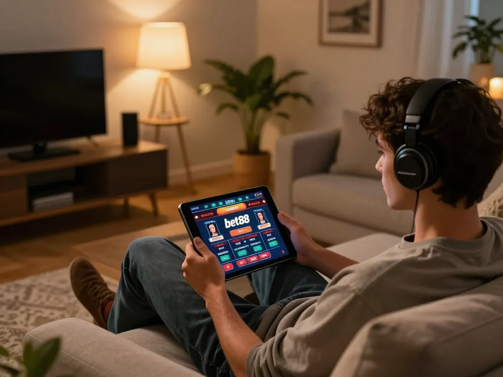 Engaging in online casino gaming at home with bet88 on a tablet, creating a cozy gaming atmosphere.