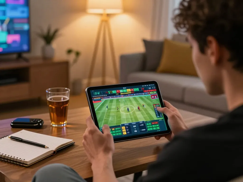 CM88 sports betting session with a player analyzing odds on tablet in a vibrant living room setting.