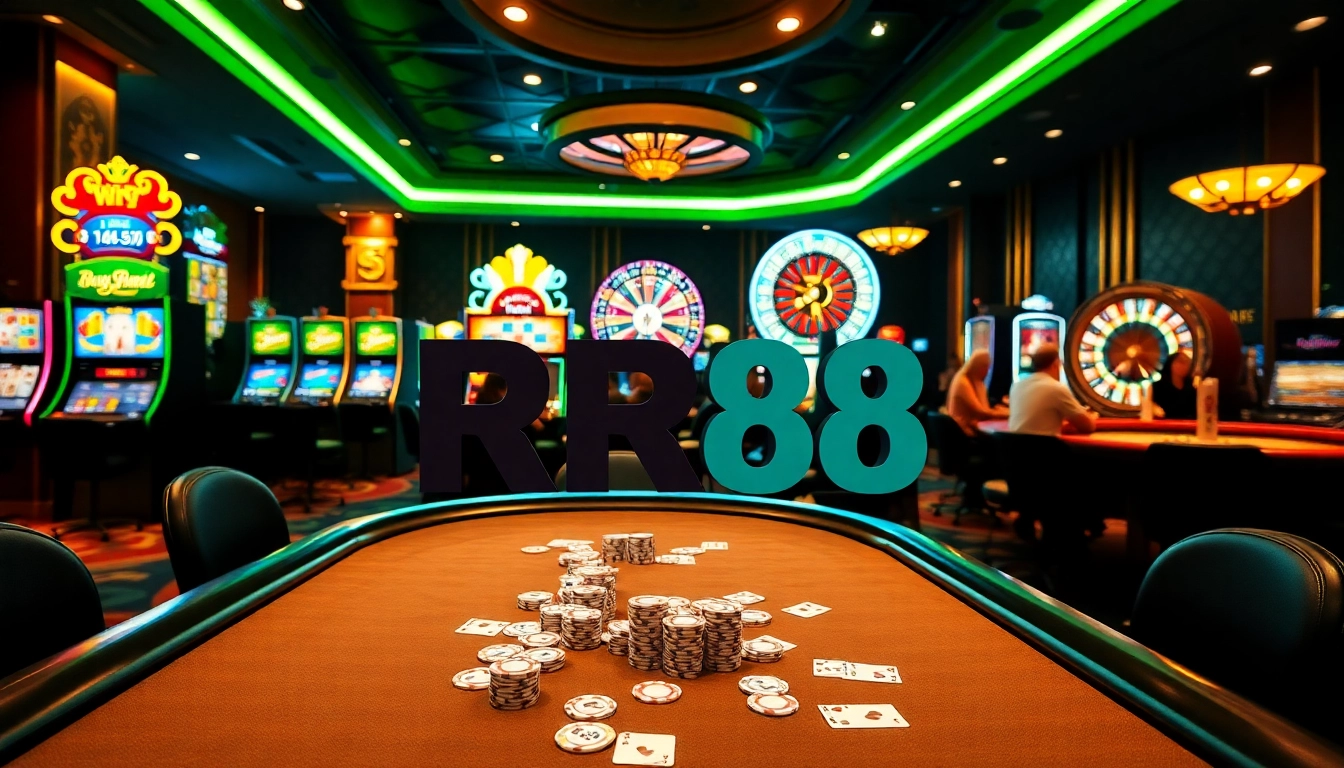 RR88 branding shines at a lively casino poker table with vibrant chips and cards.