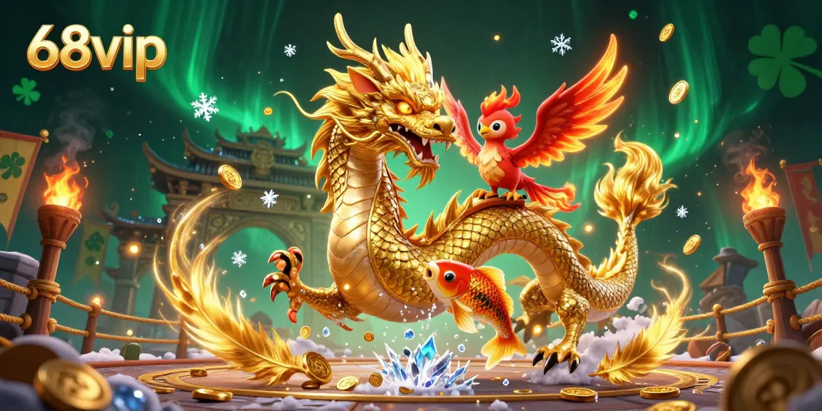 The 68vip online casino showcases vibrant characters including a golden dragon and phoenix amidst dynamic casino game elements for an exciting experience.
