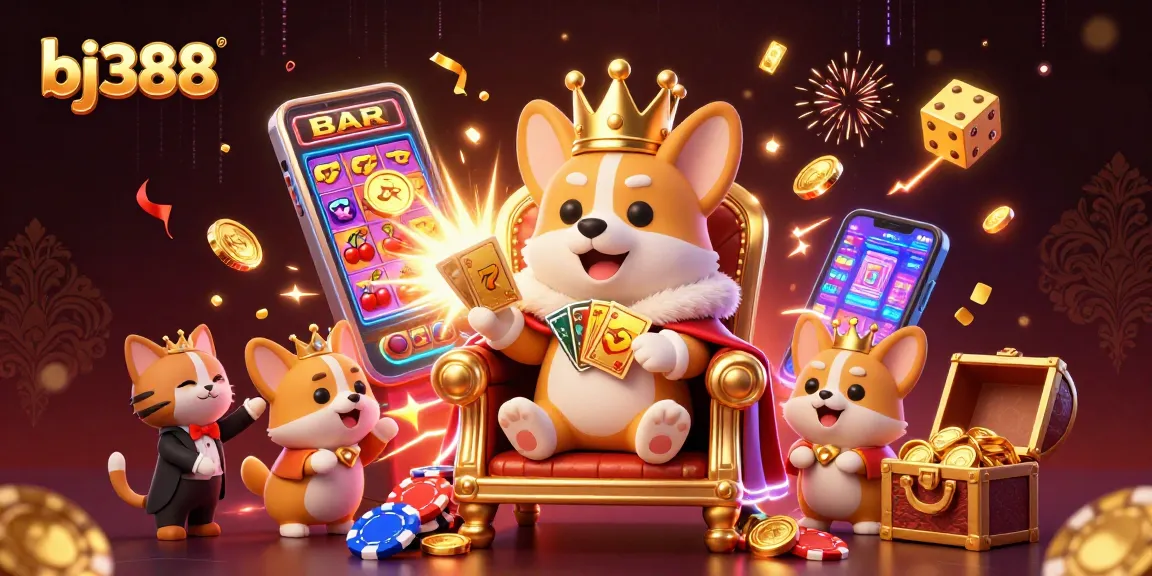 Experience the excitement of bj388 with a thrilling 3D casino scene showcasing a royal corgi amidst a jackpot explosion.