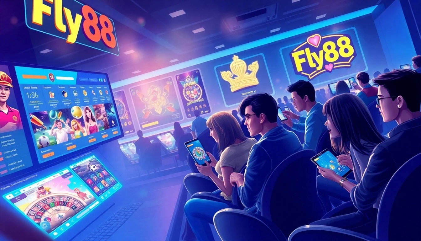 Engaging scene of users navigating the Fly88 online betting platform, highlighting excitement and interaction.