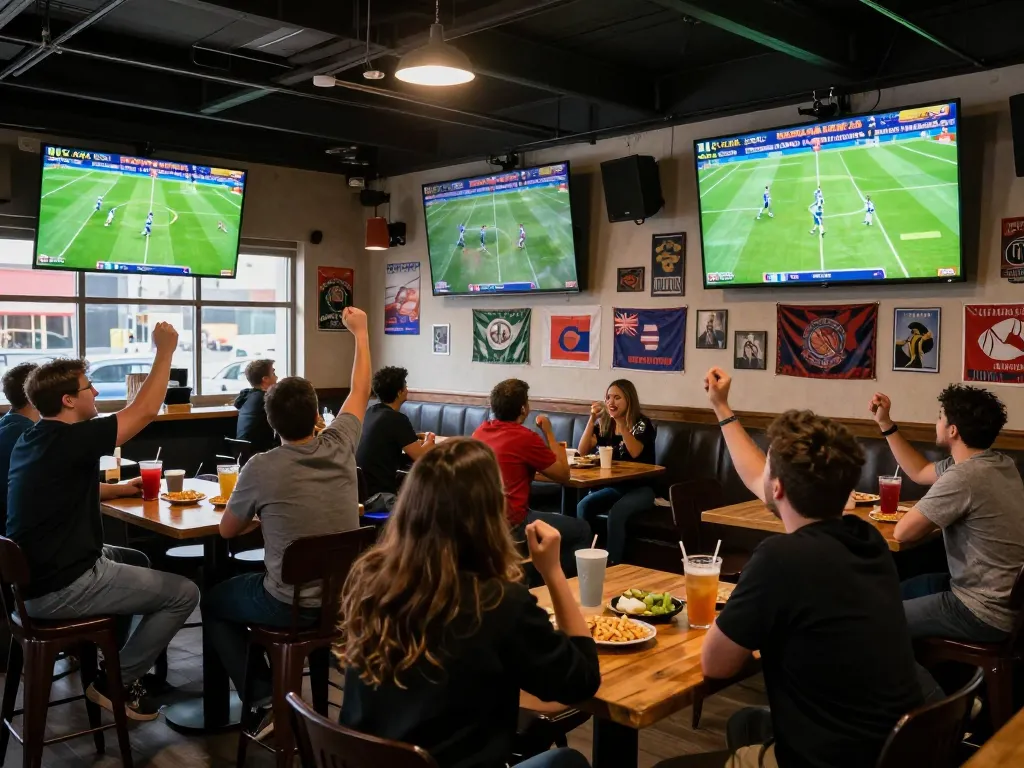 CakhiaTV Link Xem Bóng Đá Trực Tuyến Full HD, Không Chặn in a lively sports bar room during a match day.
