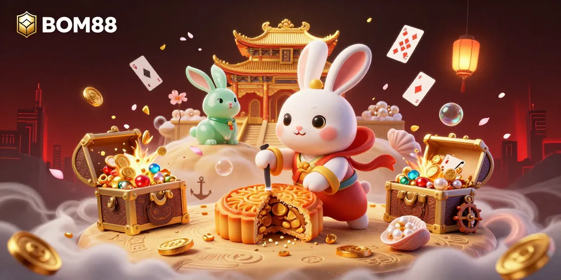 BOM88 invites players into a lively gambling scene with a moon rabbit, poker chips, and prizes.