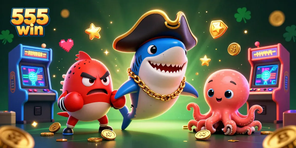 Win big at 555 win with a dynamic 3D casino scene featuring playful characters and vibrant gaming elements.