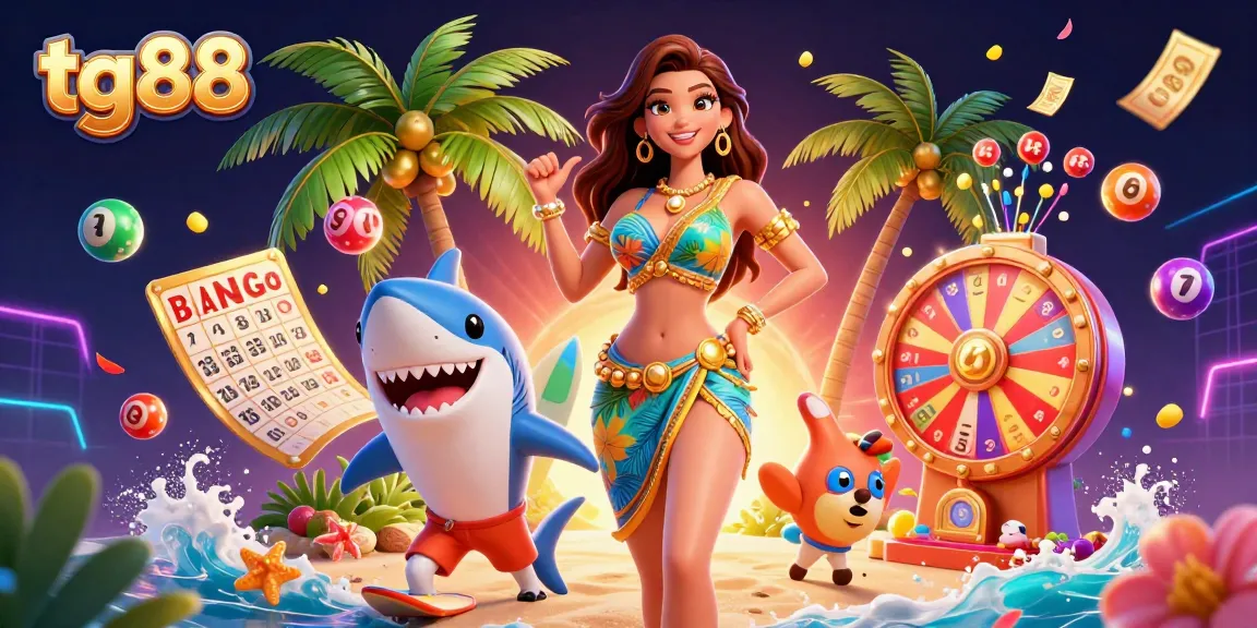 Experience the thrill of tg88 with vibrant lottery balls, golden tickets, and beach-themed characters.