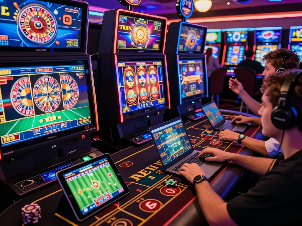 Exciting gaming experience at nhà cái jun88 with players engaging in various casino games and sports betting in a vibrant atmosphere.