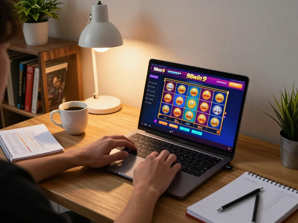 Engaging online casino gaming experience with 98win9 platform in a cozy home setting.