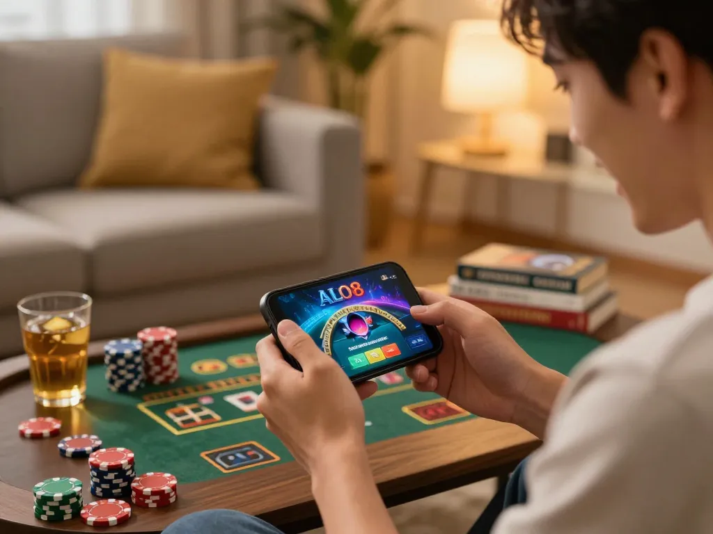 Player enjoying thrilling moments on the ALO8 casino app in a cozy home setting