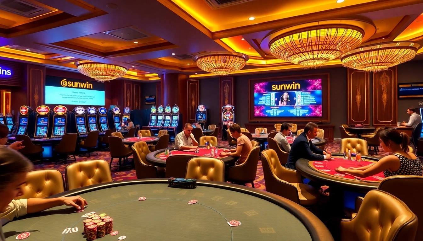 Sunwin casino players engage in intense poker action amidst a luxurious atmosphere.