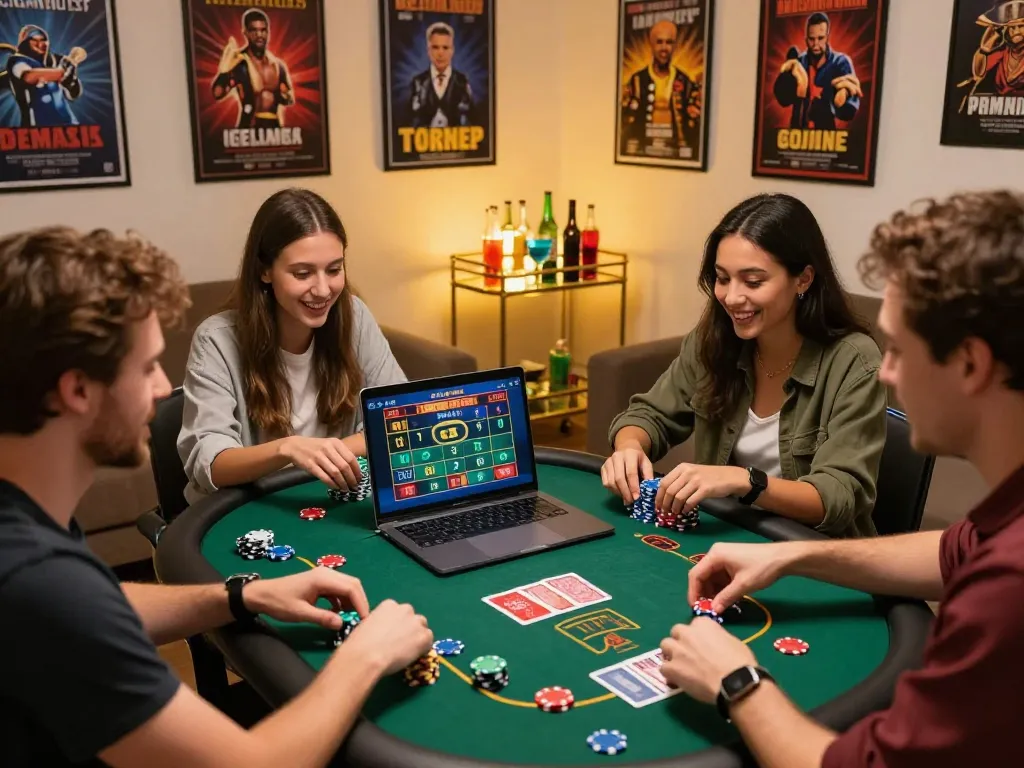 79KING online gambling experience with friends at home, vibrant gaming scene.