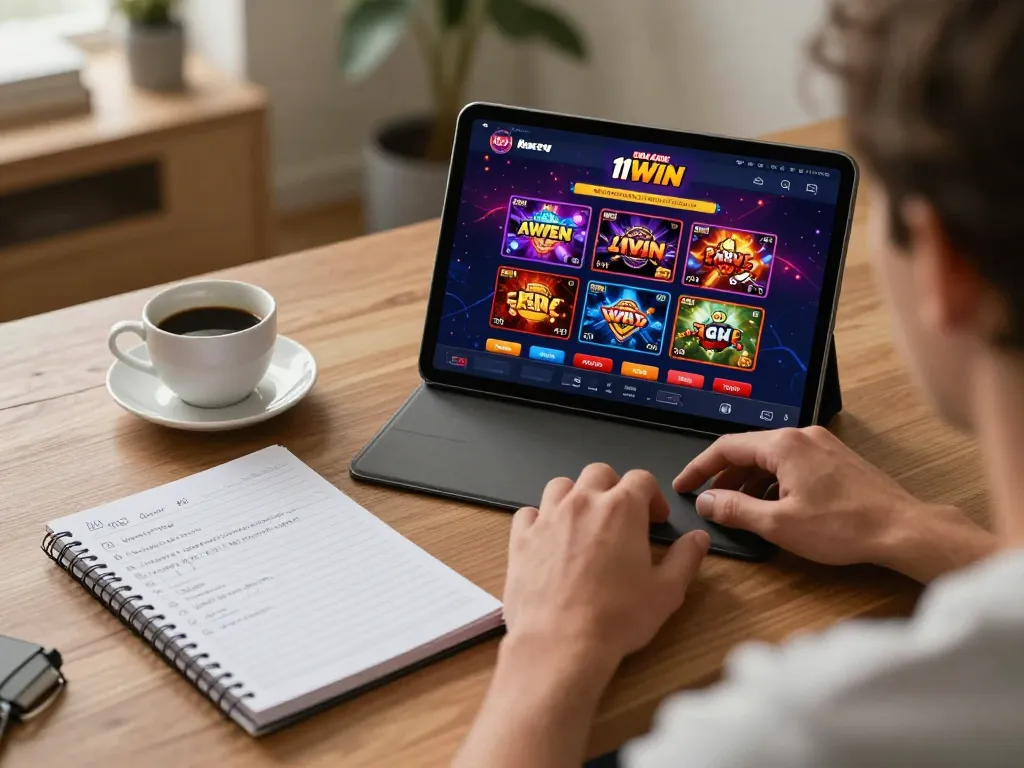 Play casino games using 11WIN on a tablet at a stylish home office