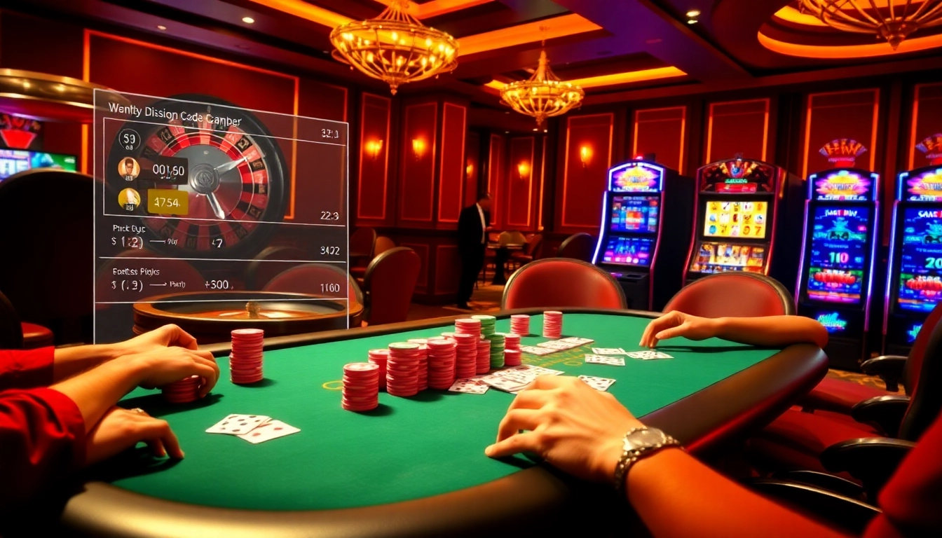 Engaging poker game scene at 32win.reviews with colorful chips and a spinning roulette wheel.