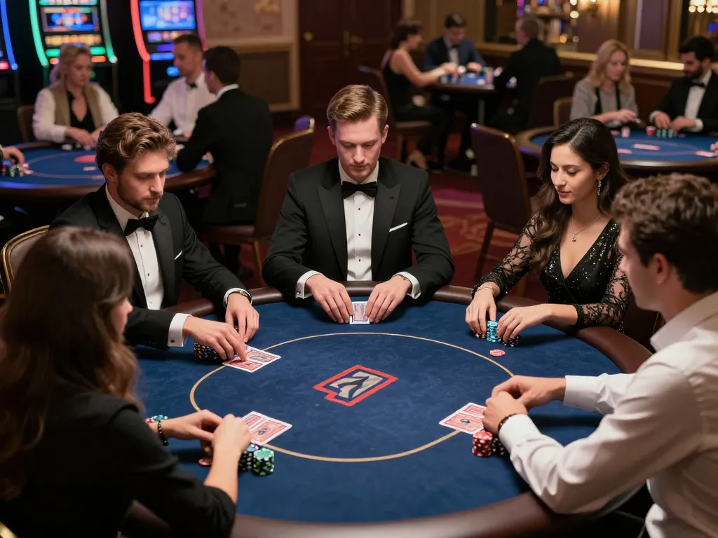 lc88 players engaging in a high-stakes poker game in a luxurious casino setting