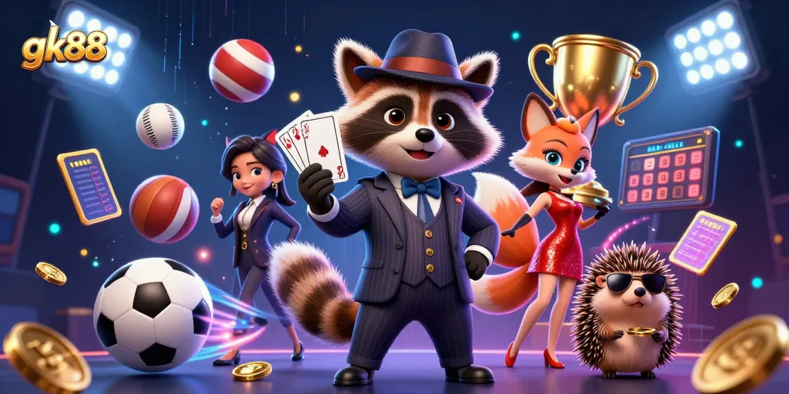 gk88 elevates excitement with a lavish 3D casino scene featuring vibrant characters and dynamic gameplay symbols.