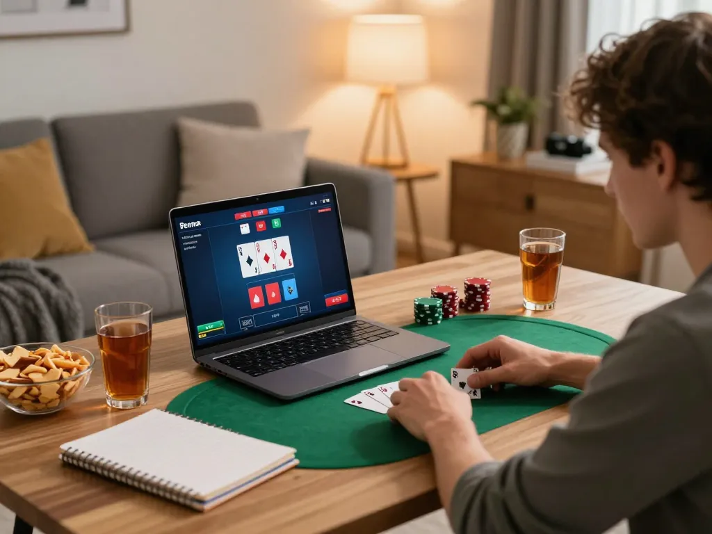 Player enjoying engaging poker game on laptop in cozy space, discovering 23win strategies.