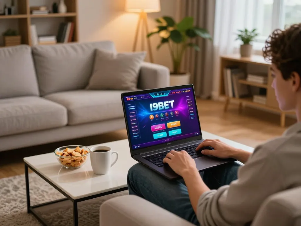 I9BET gaming experience at home with a laptop and colorful interface on display.