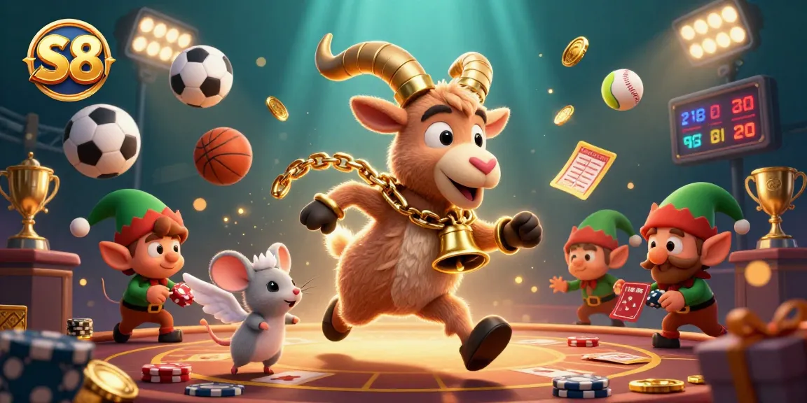 Experience the thrilling S8 casino adventure with festive characters in a vibrant 3D illustration.