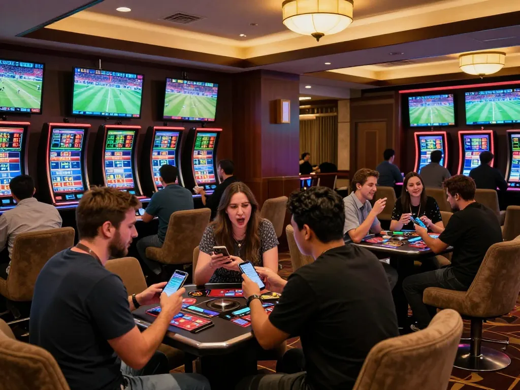 Excited bettors analyzing odds at DA88 sports betting area in a lively casino atmosphere