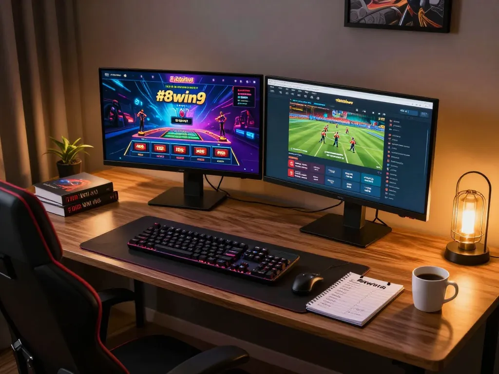 A person engaged in strategic online gambling at 98win9, showcasing a dual monitor setup featuring casino games and sports betting.