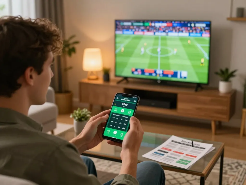 Person placing a soi keo bet on a mobile app while watching football in a cozy home setting.