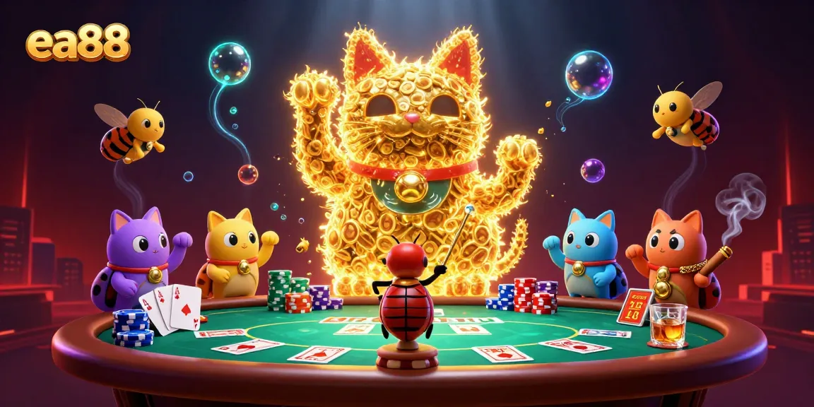 ea88 players win big with a lucky cat illustration amid lively casino elements