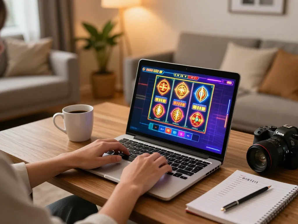 Engaging online gaming scene with a user playing CK444 casino games on a laptop, showcasing a vibrant interface and cozy atmosphere