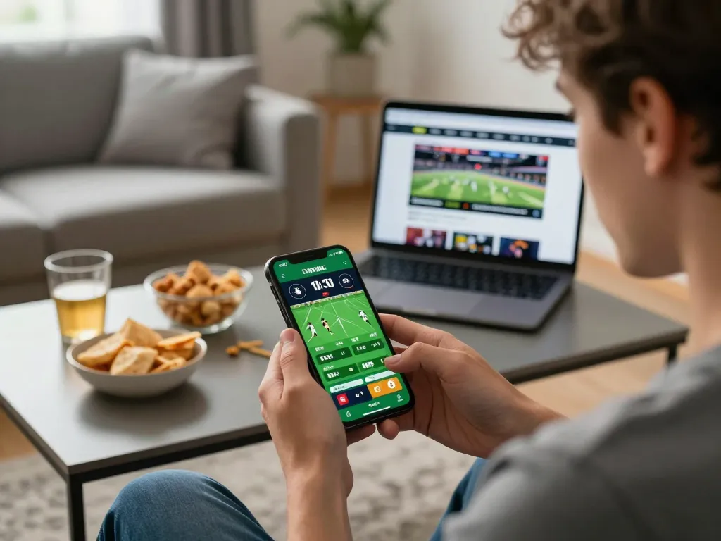 Place bets on QQ88 through a smartphone app in an inviting home setting during sports betting excitement.