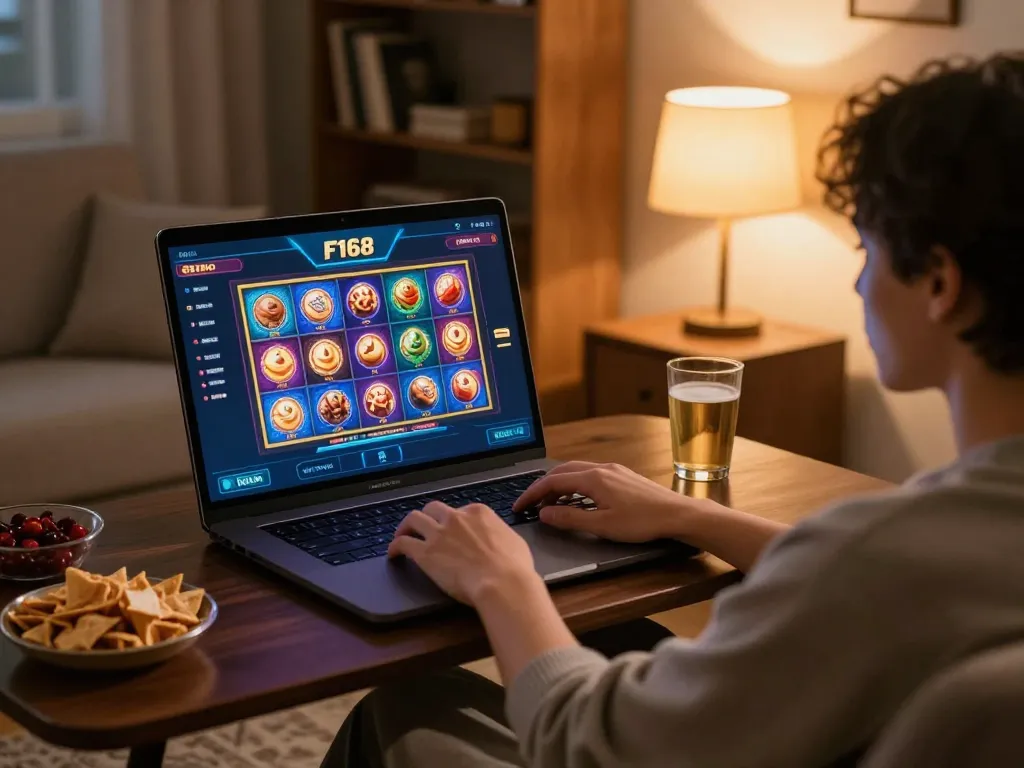 Person enjoying online gaming at F168 with colorful slot interface on laptop in cozy home.