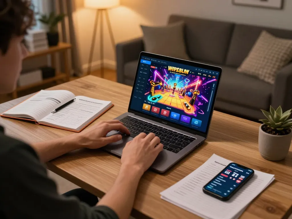 Person enjoying Hit club online gaming on laptop while tracking strategies and bets.