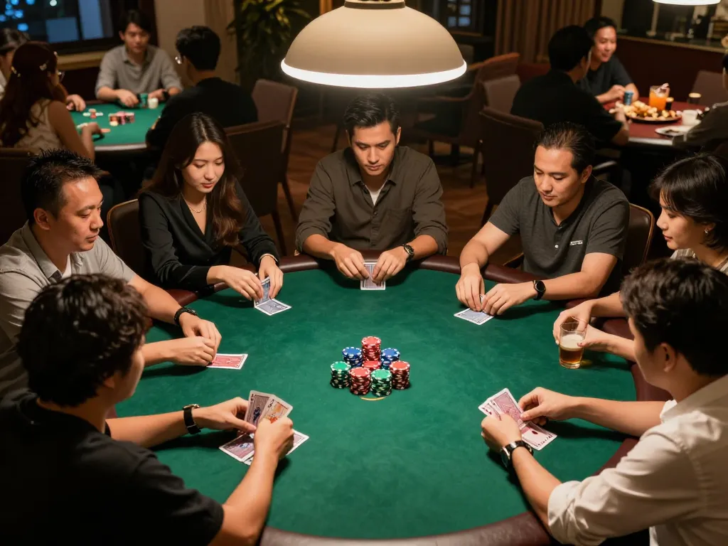 Nyonya9 poker game night with players engaged in a friendly competition, showcasing strategic gameplay and vibrant atmosphere.