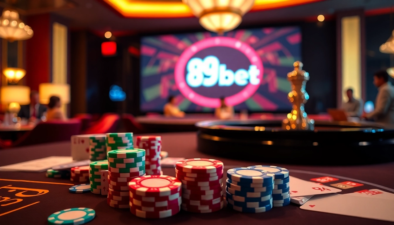 Experience luxury gambling with engaging games at https://89bet.in.net/, showcasing vibrant poker chips and cards.
