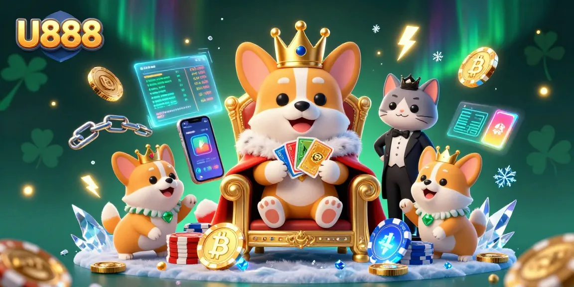 Experience U888 with its vibrant 3D casino scene featuring a royal corgi on poker chips, flush with crypto elements.