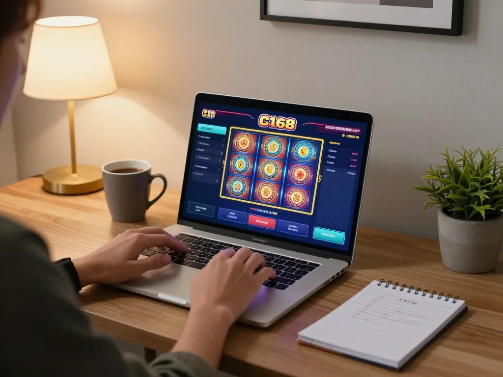 C168 player engaging with online casino game on laptop in a cozy home setting