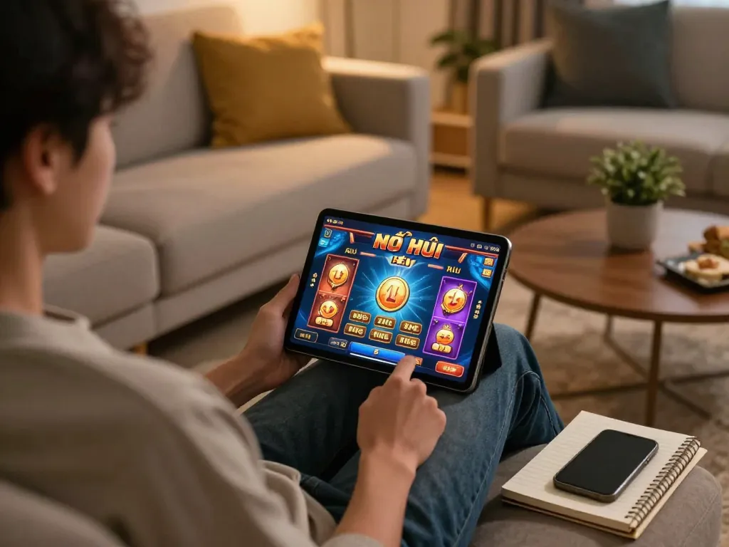 Engaging gameplay of game nổ hũ displayed on tablet in a cozy home setting.