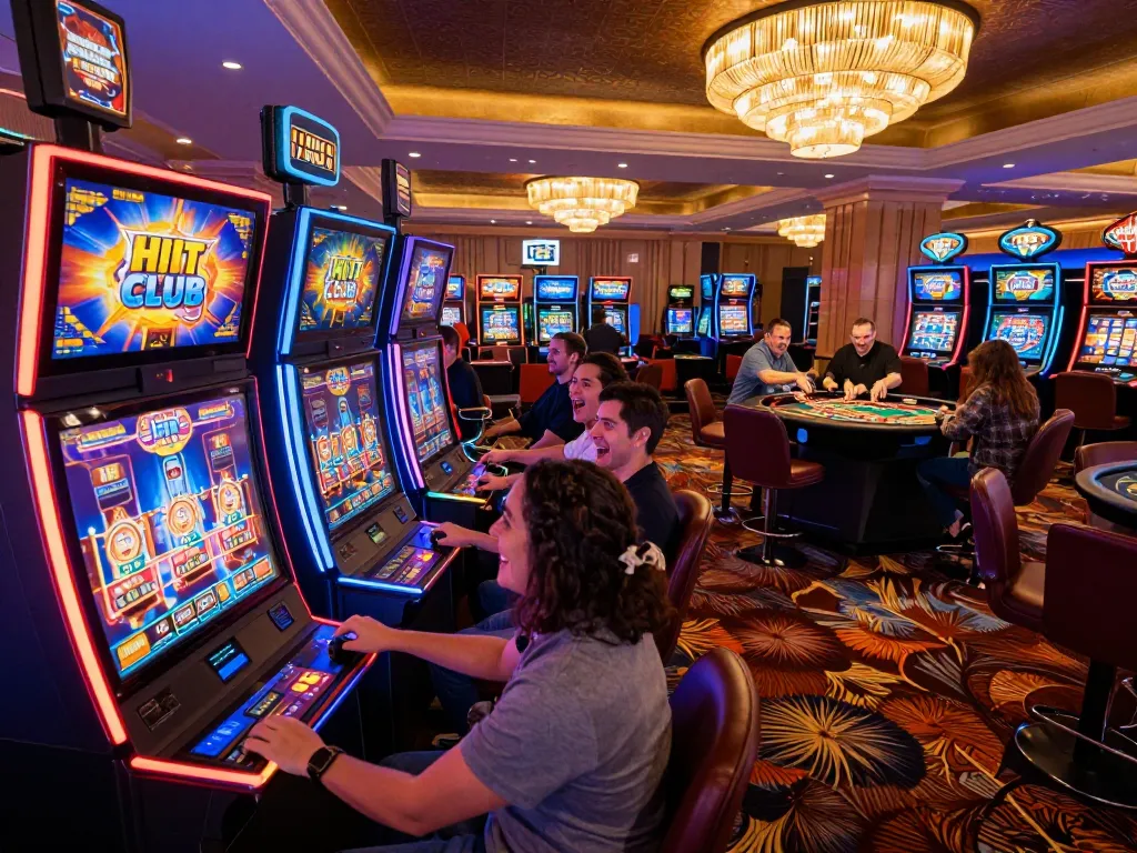 Players enjoying the HIT CLUB slot machine area in a vibrant casino, showcasing excitement and colorful visuals