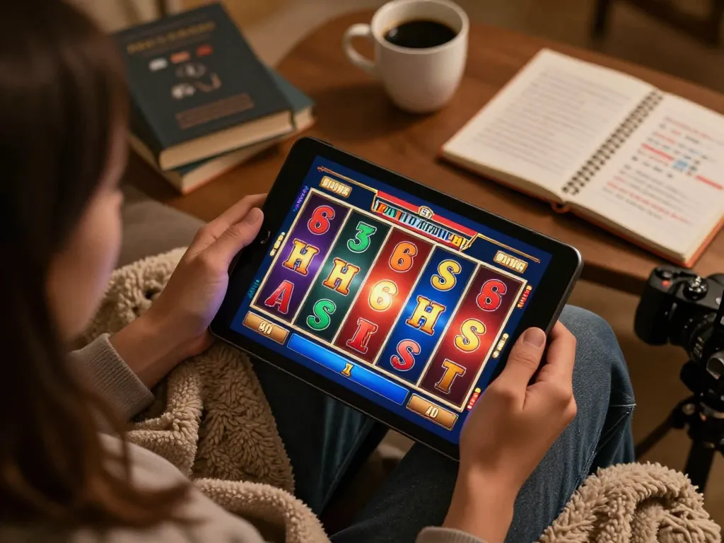 Engaging online gaming experience at lucks8 with colorful slots on a tablet.