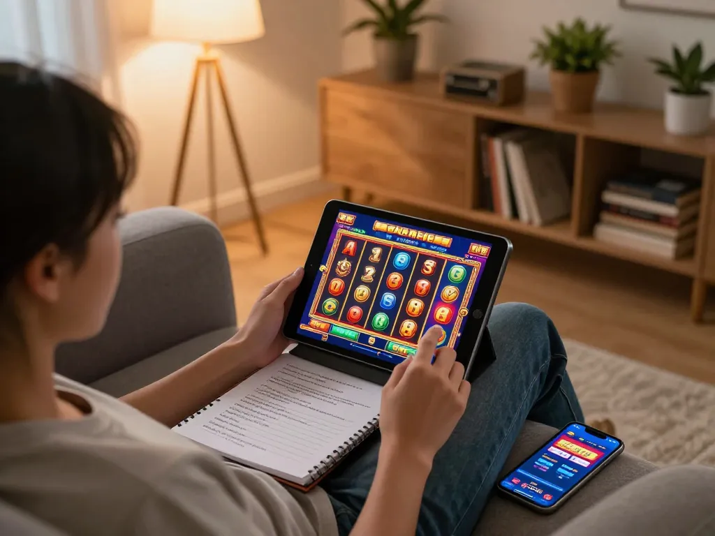 Hubet player winning on a tablet, showcasing a vibrant online casino game in a cozy home setting.