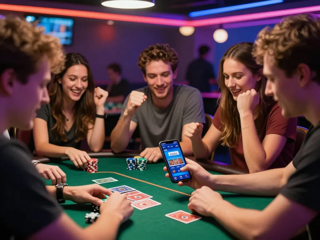 Friends celebrating a win while using SC88 for online betting, with cards and chips on the table
